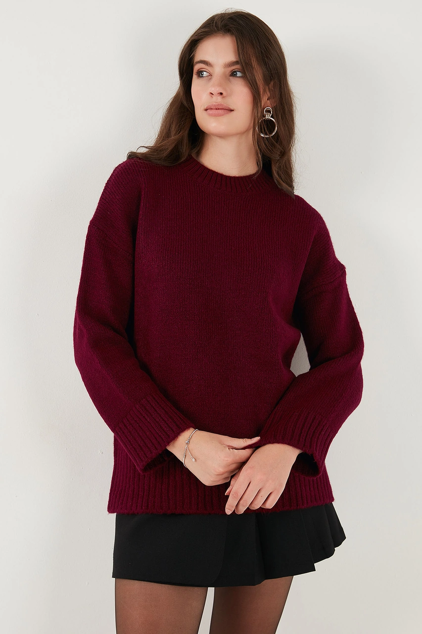 Lela Regular Fit Bisiklet Yaka Basic 2'Li Paket Triko Bayan Kazak 4616213S2 Bordo-Haki