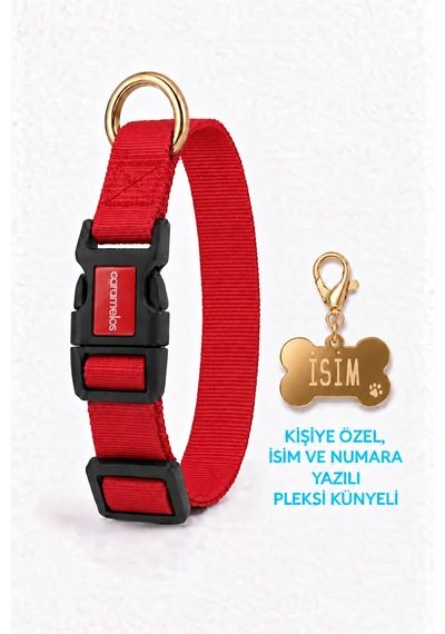 Caramelos İsimli Köpek Tasması, Ayarlanabilir Yavru, Mini, Orta Ve Büyük Irk Köpek Tasması, Kırmızı
