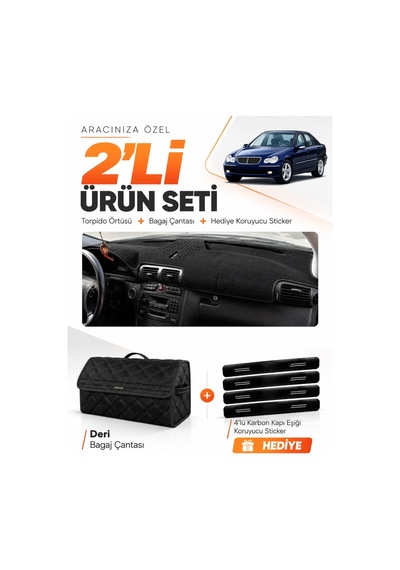E-biz Mercedes W203 C-class 2000-2007 Uyumlu Torpido Örtüsü + Deri Bagaj Çantası - Siyah - Mb005