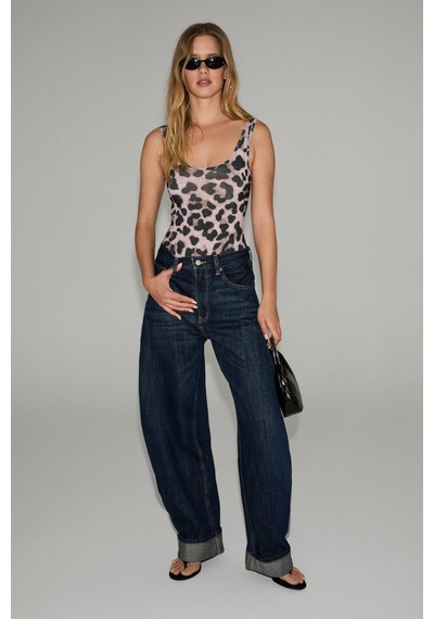 Grimelange Chıles Kadın Slim Halter Yaka Kolsuz Çıtçıtlı Leopar Desenli Body