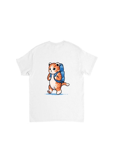 Paybuy Sırt Çantası Taşıyan Kedi Karikatürü Baskılı Çocuk Tişört beyaz