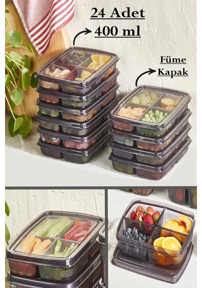 Bayev Füme 24 Adet 400 ml 4 Bölmeli Saklama Kabı - Et Sebze Kıyma Buzluk Organizeri Çok Renkli