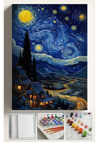 Sayılarla Boyama Çerçeveli Hobi Seti Numaralı Tuval Fırça Boya Kasnaklı Yıldızlı Gece Köy 40x50 Cm