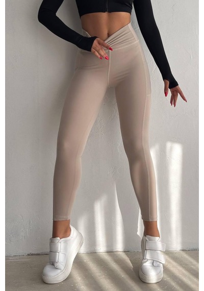 Balenbi Haute Kadın Yüksek Bel Toparlayıcı Çift Cepli Leggings Fitness Tayt 1092 Bej