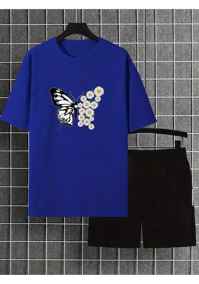 Uyguntarz Unisex Papatyakelebek Tasarım Basklı Tshirt Eşofman Takımı Mavi