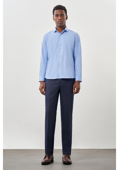 İmza Mavi Uzun Kol Düz Bez Ayağı Yarım İtalyan Yaka Cepsiz Pamuklu Classic Slim Fit Gömlek 1004245268 Mavi