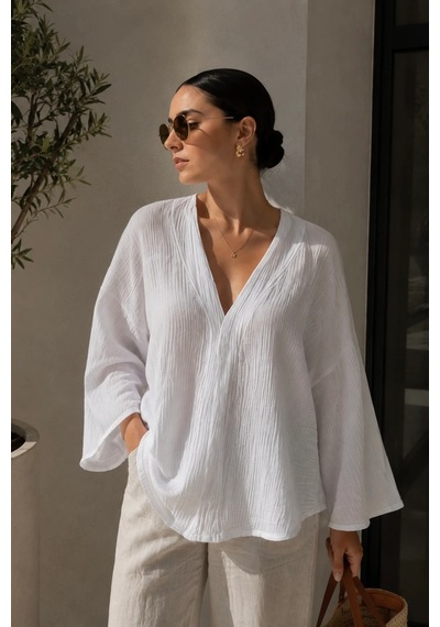 Bbbutikbasic Kadın Müslin Oversize Bluz Salaş Kesim Yazlık Basic Ceket My3535 beyaz