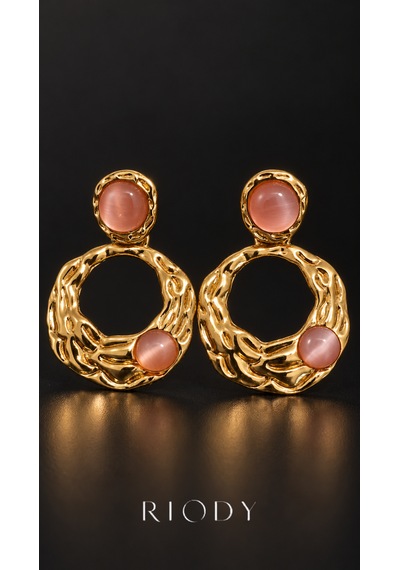 Riody Rose Velours Gold Renkli Pudra Pembe Kedi Gözü Görünümlü Kadın Küpe Altın - Sarı