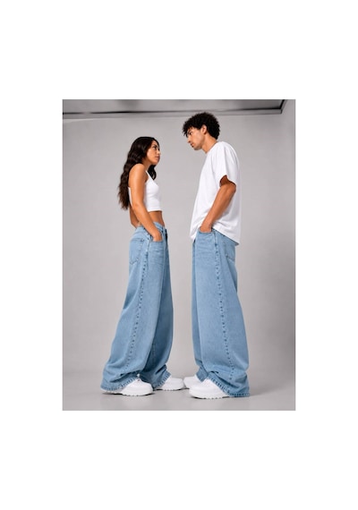 Kar Yıkama Unisex Baggy Jean Pantolon Mavi