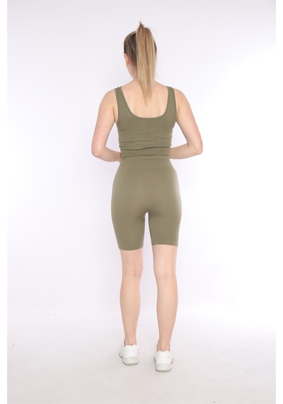 Escetic Kadın Spor, Haki Toparlayıcı, Yüksek Bel Fitnes Bra Şort-tayt Takım-4311 - Xs