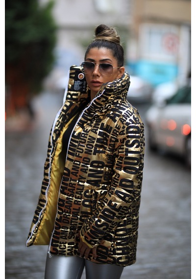 Keyifli Moda Kadın Gold Dik Yaka Uzun Parlak Şişme Mont