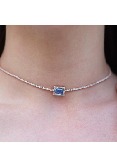 Aquamarin Taşlı Rose Gold Kaplama Choker Gümüş Kolye Gümüş