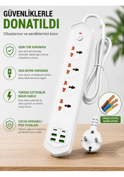 4 Lü Akım Korumalı Evrensel Priz 3000w 10a, 2 Type-c + 4 Usb-a, 2 Metre Kablolu Çoklu Priz 1 - 3 M
