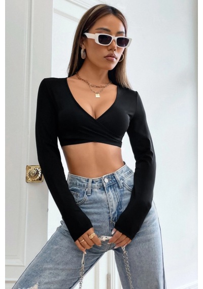 Kadın Crop Bluz Uzun Kollu V Yaka Fit Basic Şık Üst Siyah