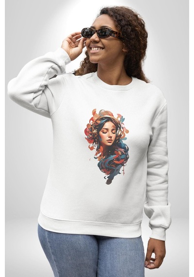 Müzik Dinleyen Kulaklık Yaprak Saçlı Renkli Unisex Beyaz Baskılı Sweatshirt Beyaz