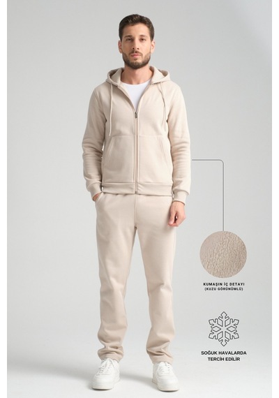 Shooter Sportswear Shooter Erkek Kışlık Eşofman Takımı Thermosoft Teknolojisi İçi Kuzu Görünümlü Regular Kalıp Minimal Logo Kapüşonlu Bej
