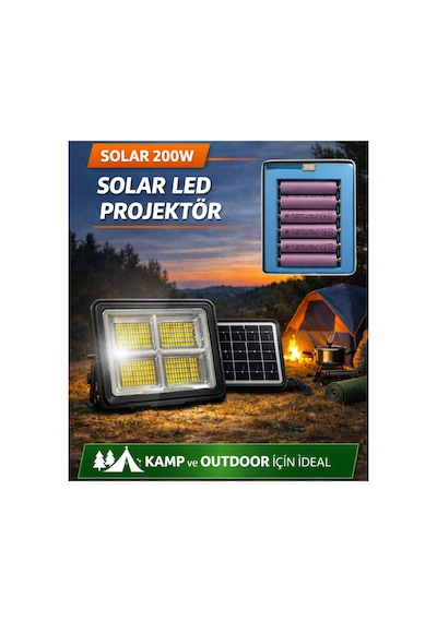 Solar Led Şarjlı Projektör 200w Güneş Enerjili Taşınabilir Solar Panelli 3 Renk Işıklı Çakar Fonksiy Çok Renkli