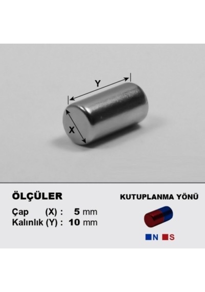 10 Adet Çap 5mm X Kalınlık 10mm Silindir Güçlü Neodyum Mıknatıs