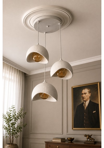 Beton Görünümlü 3'lü Sarkıt Avize Bohem Modern İskandinav Salon Yemek Masası Rustik Led Ampul Hediyeli Beyaz