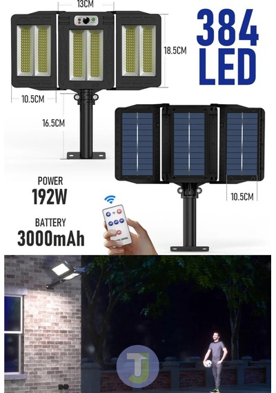 Technojet 384 Ledli Solar Güneş Enerjili Kumandalı Hareket Sensörlü Bahçe Aydınlatma Sokak Lambası Beyaz