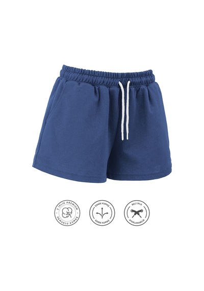 Elemge Kadın Pamuklu İndigo Beli Ipli Şort Günlük Basic Regular Fit Cepli Normal Bel Rahat Esnek 2 Iplik