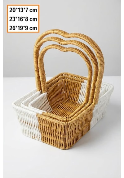 İç İçe Geçebilen 3'lü Çift Renkli Dikdörtgen Hasır Görünümlü Plastik Rattan Sepet Seti, Kalp Saplı Çok Am Diğer