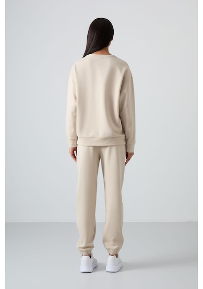 Tommy Life Bej Basic Pamuklu O Yaka Oversize Lastik Paça Kadın Eşofman Takım - 95287 Bej