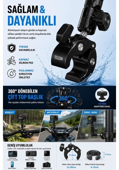 Motosiklet Bisiklet Gidon Kamera Montaj Metal Si 360 Döner Metal