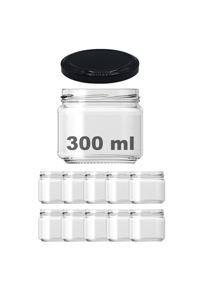 Afracam 300 Ml Metal Siyah Kapaklı Şeffaf Cam Kavanoz 10 Adet Açık Yeşil - Beyaz