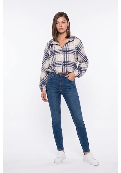 CEMO Desenli Büzgülü Crop Yağmurluk Ceket Lacivert