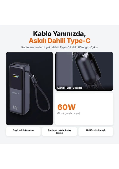 Dr-07 20000mah 100w Hızlı Şarj Powerbank Dijital Ekranlı Dahili Type-c Kablolu Dizüstü Uyumlu Gri