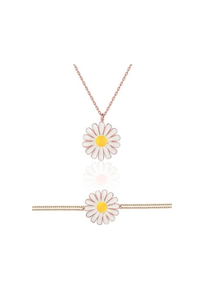 925 Ayar Rose Altın Mineli Gümüş Papatya Kolye Bileklik Set