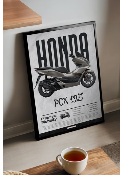 Honda Pcx 125 Siyah Ahşap Çerçeveli Poster, Dekoratif Motosiklet Duvar Tablosu