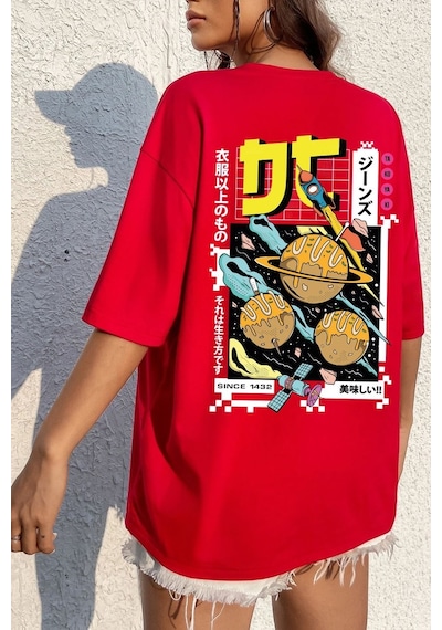Unisex Tokoyaki Baskılı T-shirt Kırmızı