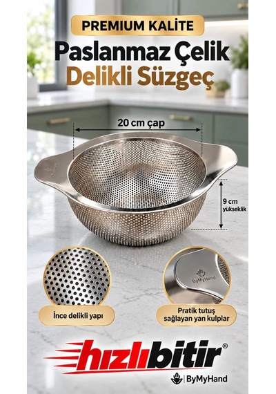 Bymyhand Paslanmaz Çelik Kulplu Çok Amaçlı Makarna Un Meyve Sebze Süzgeç 20 Cm Metalik