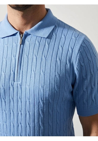 Erkek Yazlık Triko Saç Örgü Tişört Kısa Kol Polo Yaka Fermuarlı T-shirt - Bebe Mavisi Çok Renkli