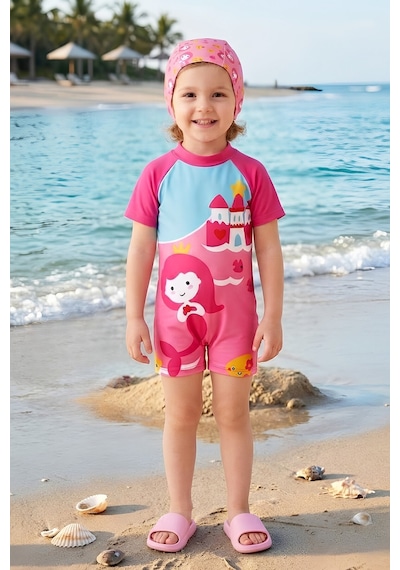 Modanino Kız Çocuk Tulum Tarz Boneli Mayo Takımı Mayo+bone 2-8 Yaş 12677n Fuşya