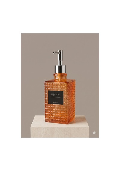 Premium Kare Desenli Silver Pompalı Cam Sıvı Sabunluk 500ml - 23 X 7 X 7 Cm Turuncu