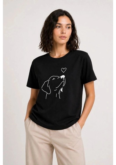 Freedom Storee Kadın Köpek Figürlü Minimal Baskılı Tişört Kısa Kol Yazlık T-shirt - Siyah Çok Renkli