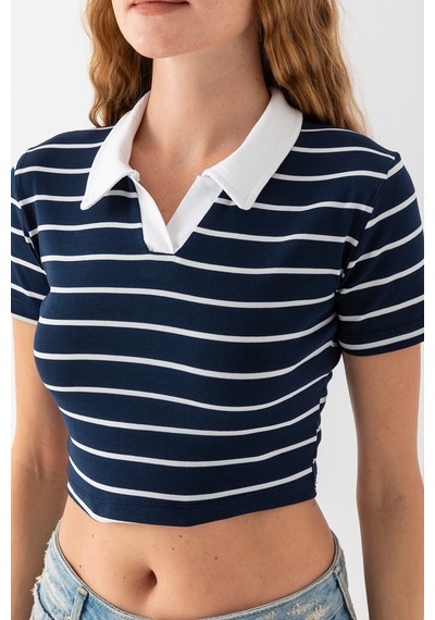 Giysa Kadın Polo Yaka Çizgili Pamuklu T-shirt Lacivert Beyaz - 25795 Lacivert - Beyaz
