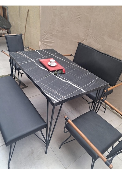 Masa Sandalye Tk 90605 Penyez Takım Model Metal Siyah Suni Deri Balkon-bahçe Siyah