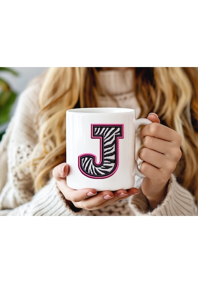 J Harfi Zebra Deseni Ve Pembe Kenarlı Kupa Bardak - Kişiye Özel Nakış Efektli - Siyah Beyaz Pembe Beyaz