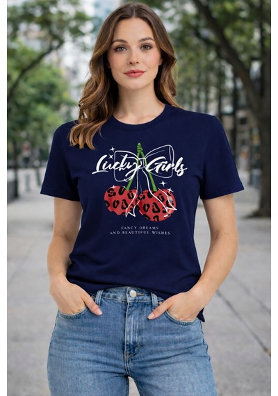 Herkesemoda Luck Girls Baskı Detaylı Basic T-shırt Lacivert