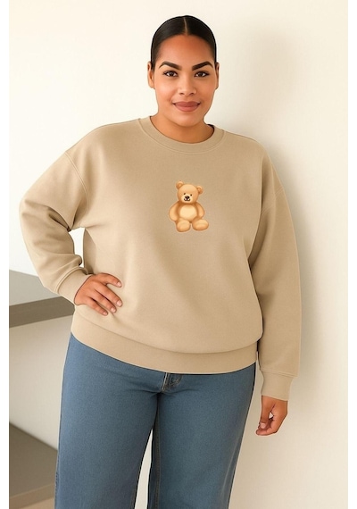 Benroma 3 İplik Penye Ayıcık Baskılı Büyük Beden Unisex Sweatshırt Bej