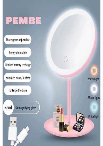 Pembe Renk Led Işıklı Usb Şarjlı Masa Üstü Makyaj Aynası Dokunmatik Makyaj Aynası