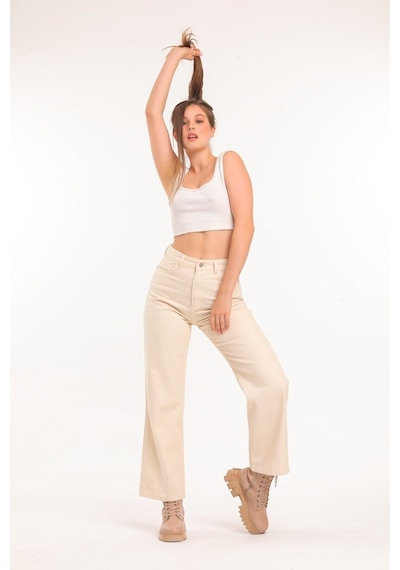 2020 Kadın Likrasız Palazzo Jeans Kot Denim Pantolon Bej