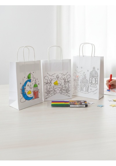 Ramazan Temalı 6lı Boyanabilir Hediye Çanta Ve 6 Renk Keçeli Kalem Seti, 8x18x23cm, 3 Desen-12 Parça