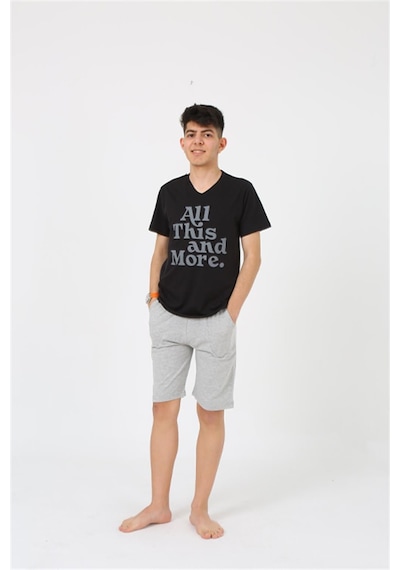 Akbeniz Erkek Genç Garson Boy Kısa Kol Siyah Penye Şortlu Pijama Takımı 20377