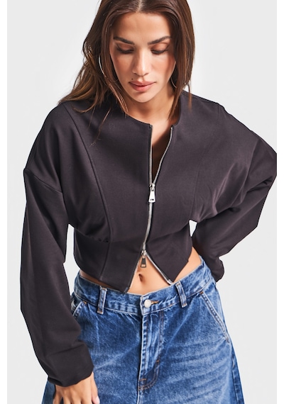 Itsbasic Kadın Siyah Renk W5-1 Bol Kesim Örme Esnek Kumaş Oversize Fermuarlı Sweatshirt