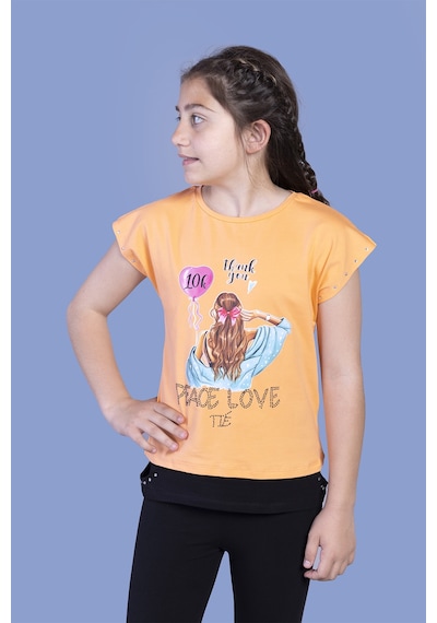 Toontoy Kids Toontoy Kız Çocuk Garni Detaylı Taş İşlemeli Baskılı Tişört Turuncu
